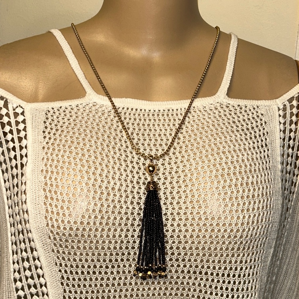 SHB Tassel Pendant necklace Beaded Black With Gold Tone Boho
28”